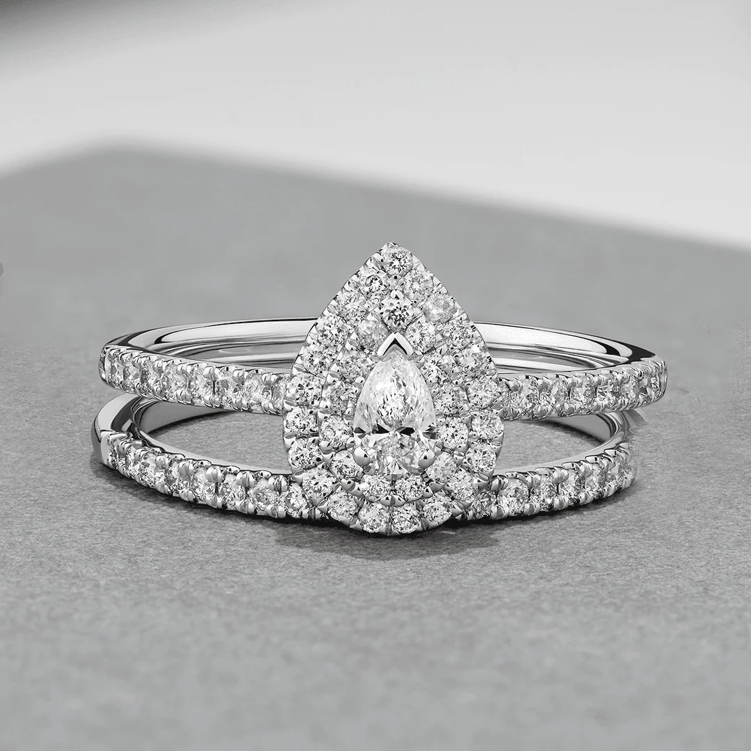 0.60ct TW Diamond Double Halo Pear Engagement & Bridal Set in 9ct White Gold - Image 5