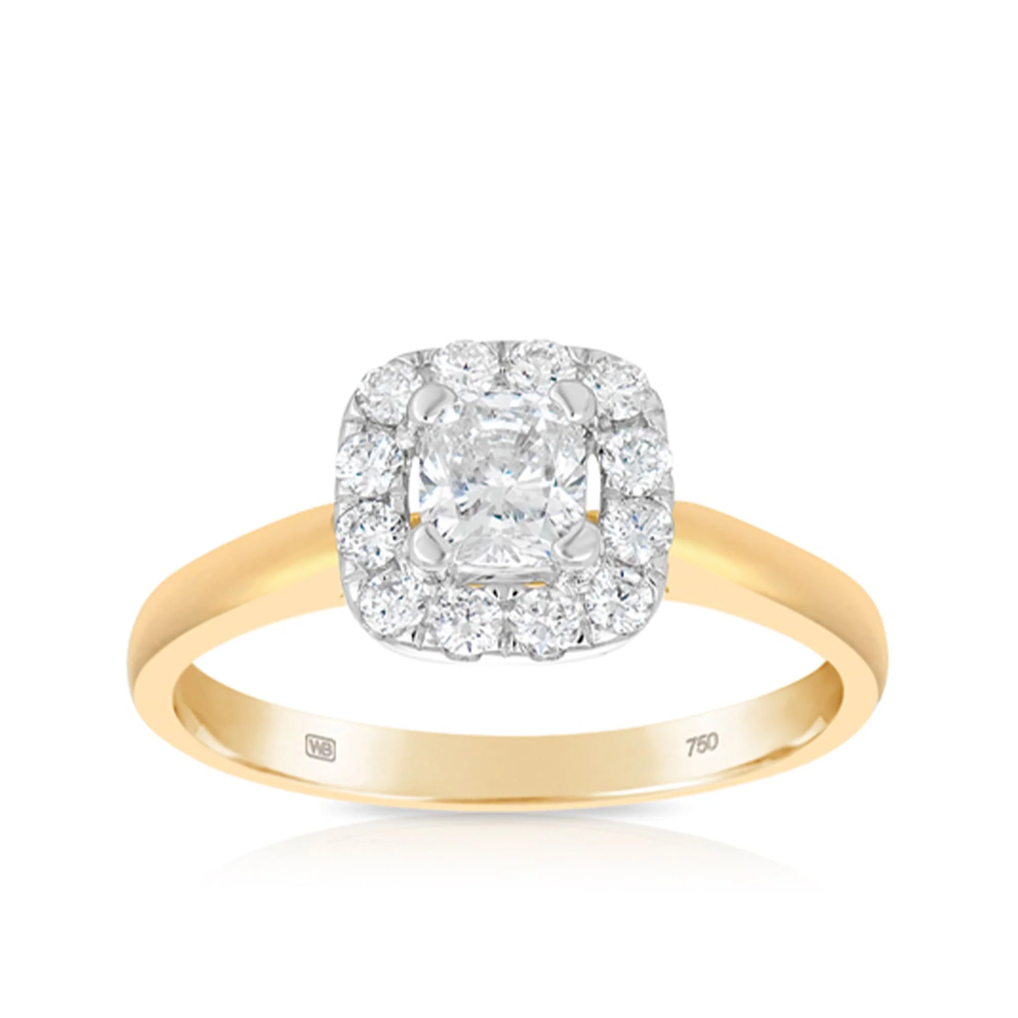 0.75ct TW Cushion Cut Diamond Halo Ring in 18ct Yellow Gold