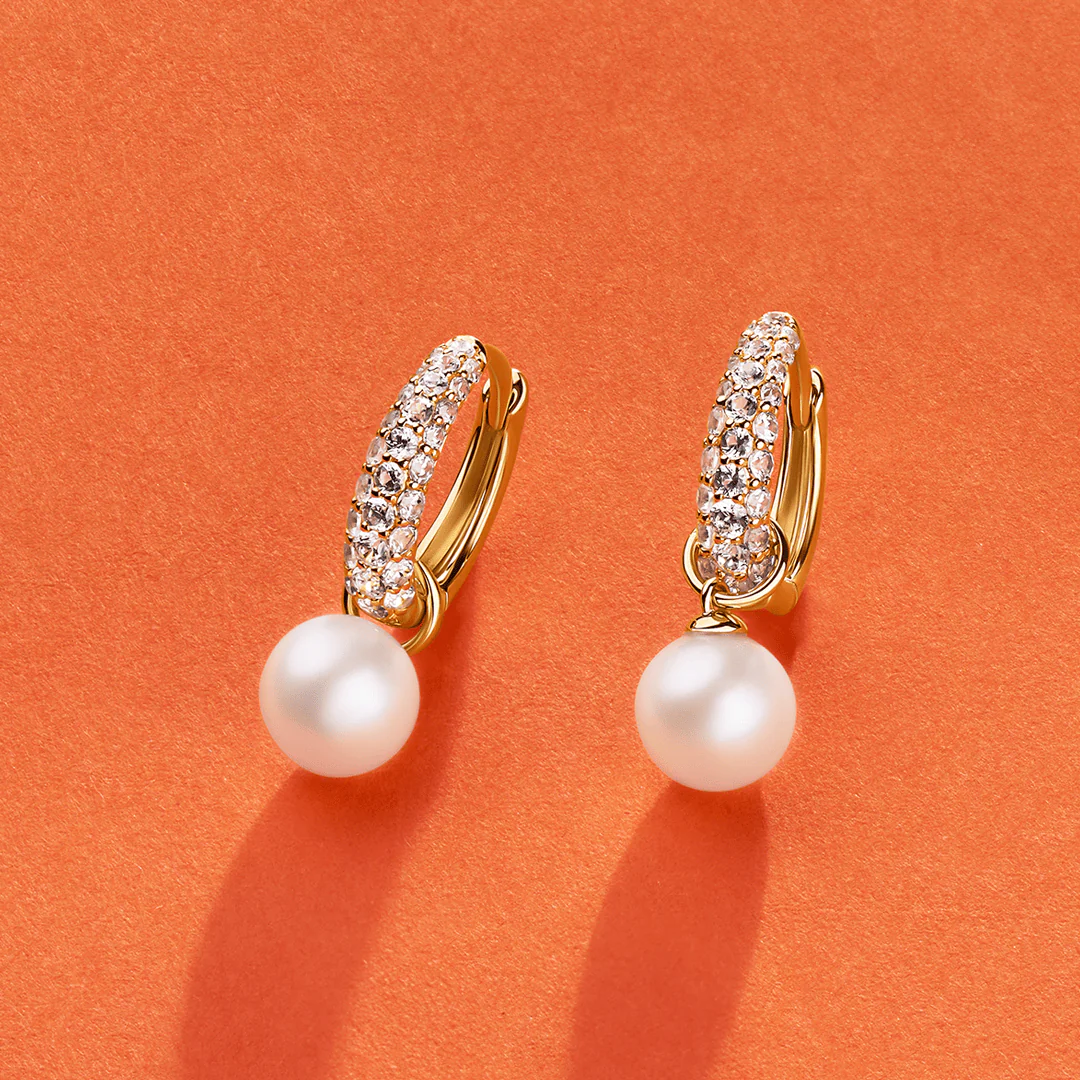 Freshwater Pearl and Cubic Zirconia Huggie Earrings in 9ct Yellow Gold - Image 2