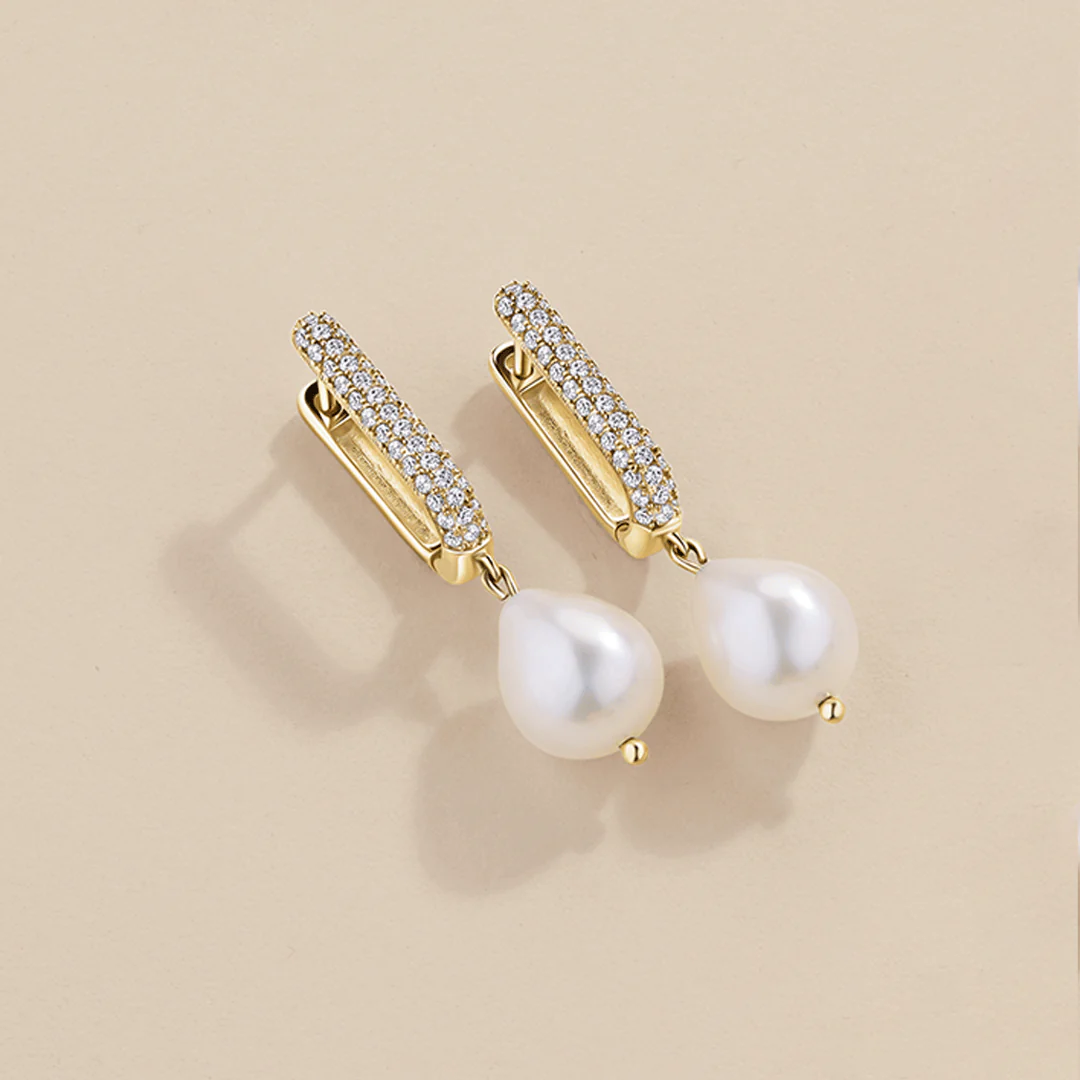 Freshwater Baroque Pearl & Cubic Zirconia Drop Huggie Earrings in 9ct Yellow Gold - Image 2