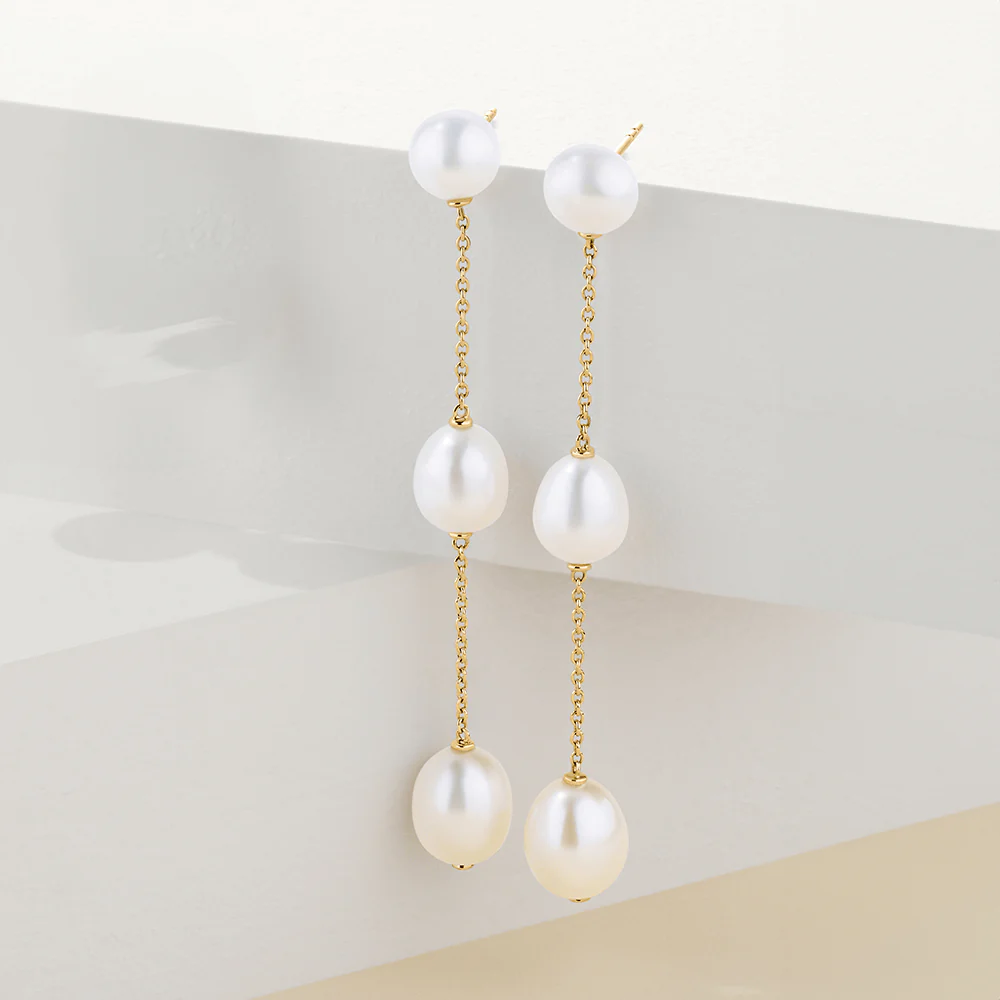 Freshwater Pearl Stationed Drop Earrings in 9ct Yellow Gold - Image 3