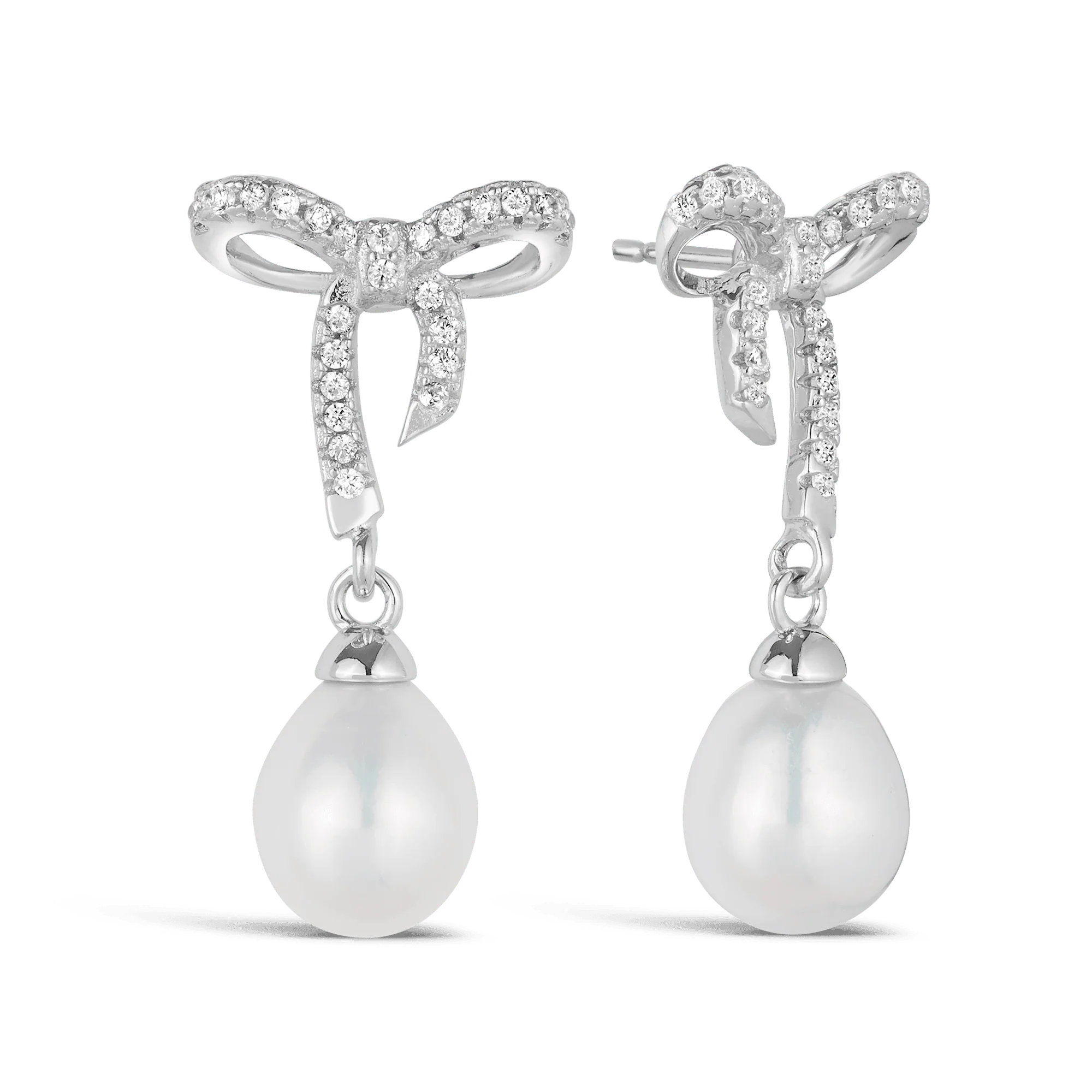 Freshwater Pearl & Cubic Zirconia Bow Drop Earrings in Sterling Silver
