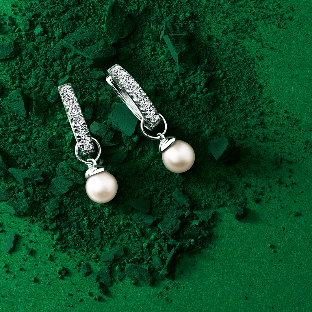 Pearl & Cubic Zirconia Drop Huggies in Sterling Silver - Image 3