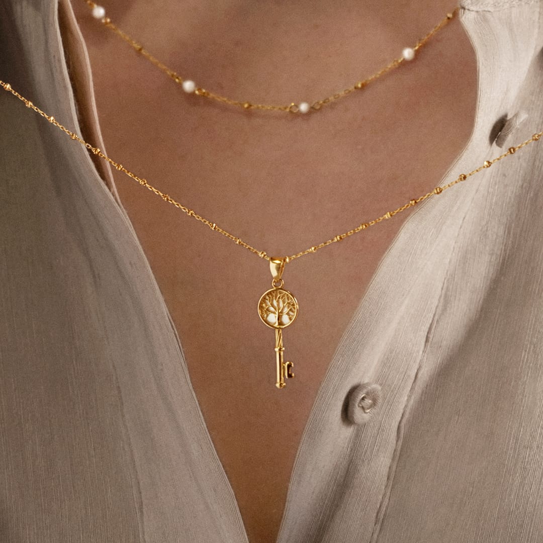 Mother of Pearl Tree of Life Key Pendant in 9ct Yellow Gold - Image 2