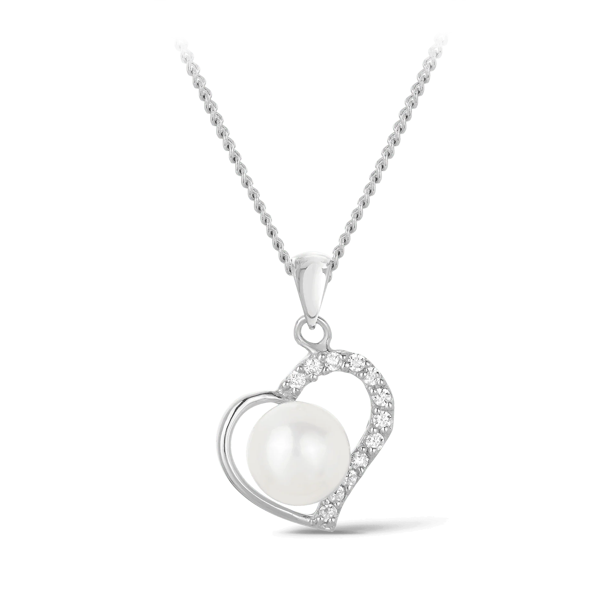Freshwater Pearl & Cubic Zirconia Open Heart Pendant in Sterling Silver