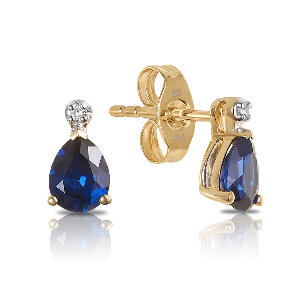 Created Sapphire & Diamond Pear Shape Stud Earrings in 9ct Yellow Gold