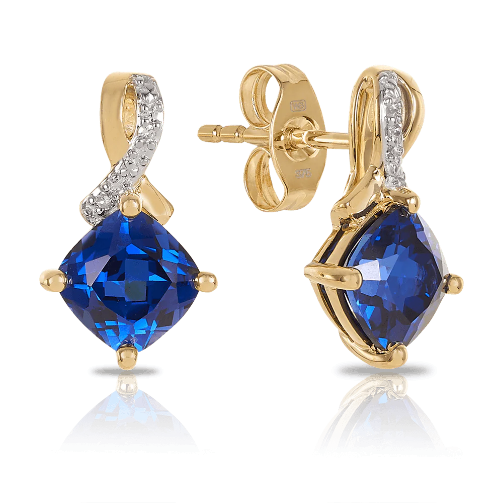 Created Sapphire & Diamond Ribbon Stud Earrings in 9ct Yellow Gold