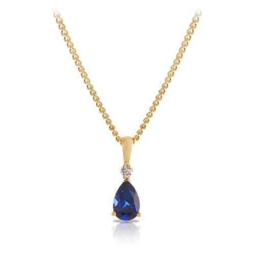 Created Sapphire & 0.005ct TDW Diamond Drop Pendant Necklace in 9ct Yellow Gold
