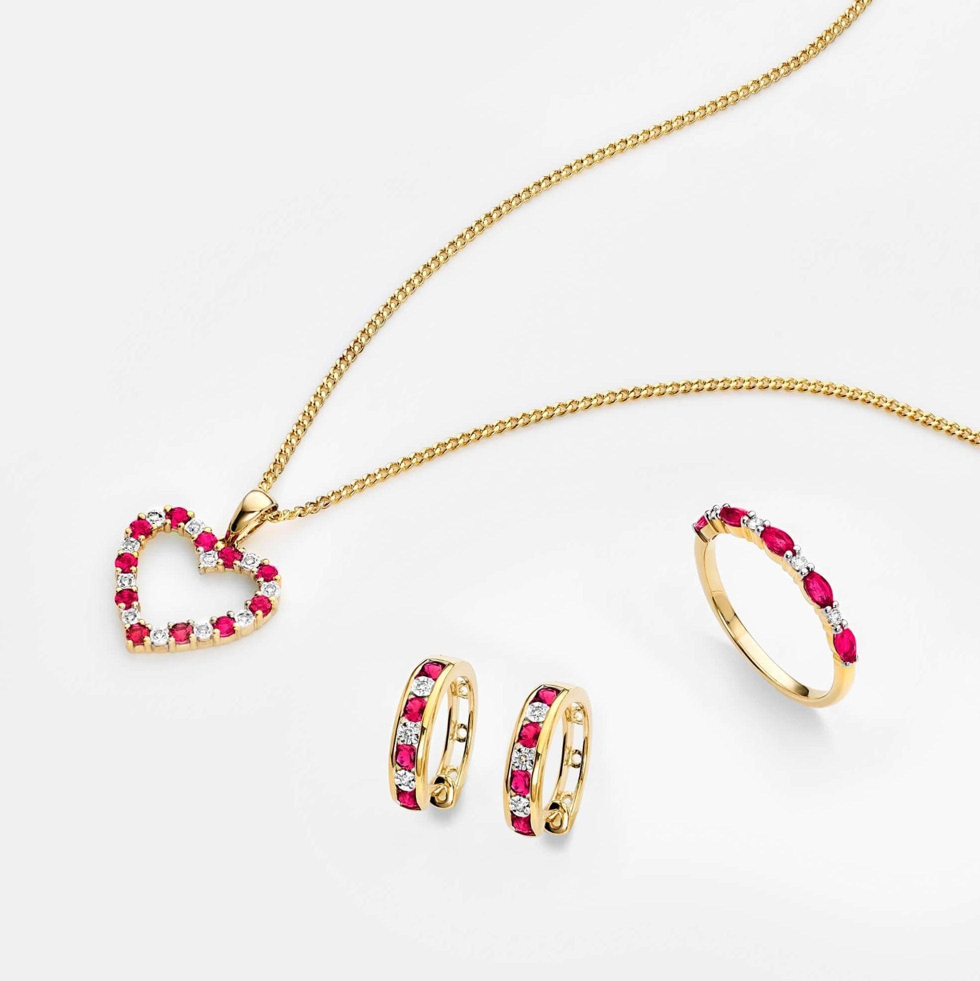Created Ruby & Diamond Hoop Earrings in 9ct Yellow Gold - Image 2