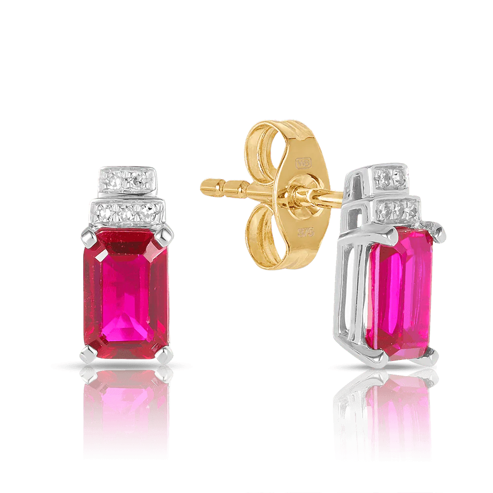 Created Ruby & Diamond Stud Earrings in 9ct Yellow & White Gold