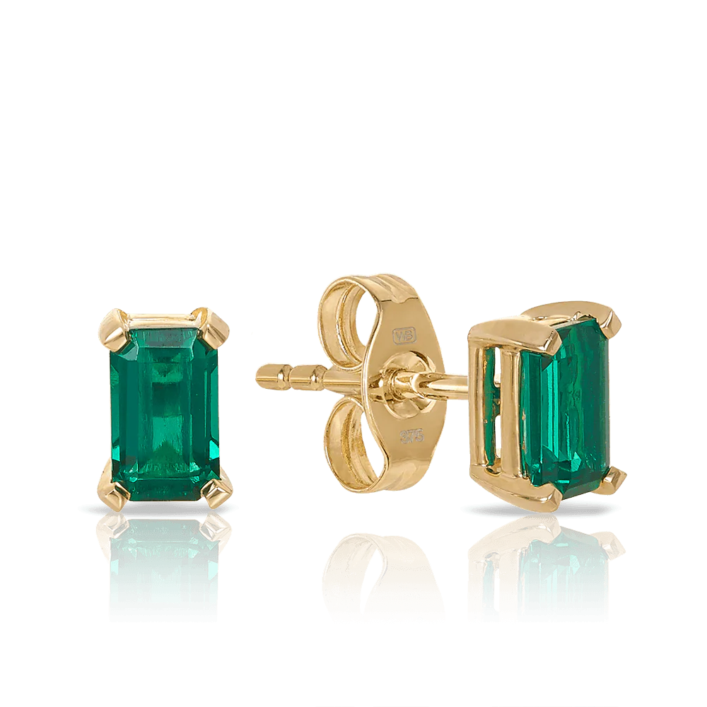 Created Emerald Stud Earrings in 9ct Yellow Gold