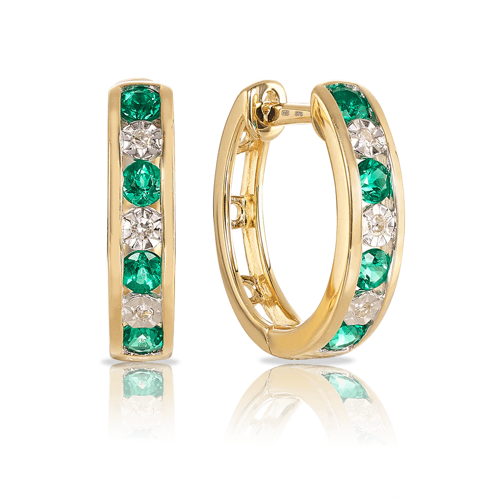 Created Emerald & Diamond Hoop Earrings in 9ct Yellow Gold