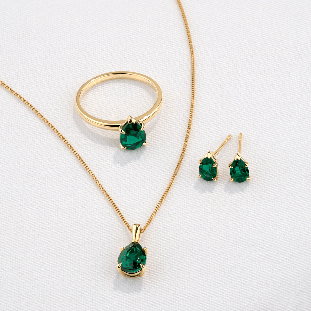 Created Pear Emerald Drop Pendant in 9ct Yellow Gold - Image 2