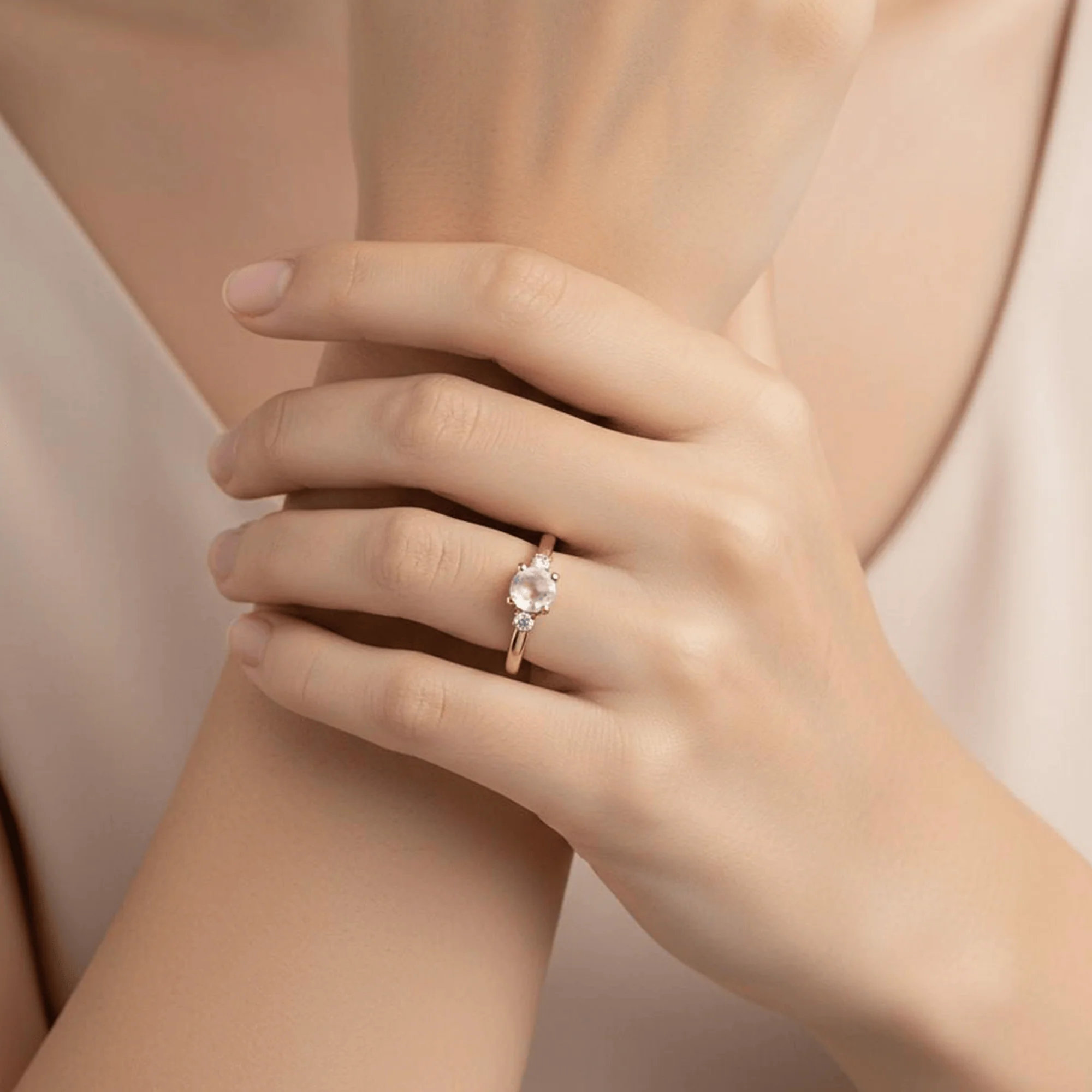 Moonstone and Diamond Trilogy Ring in 9ct Yellow Gold - Image 2