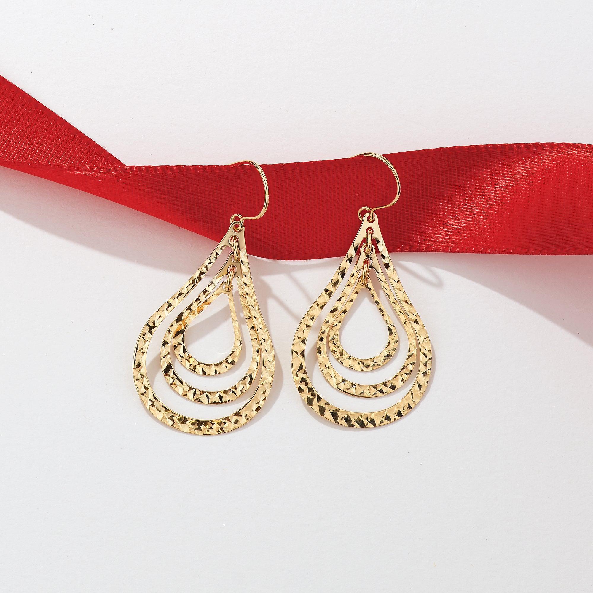 Diamond Cut Triple Pear Drop Earrings in 9ct Yellow Gold - Image 4