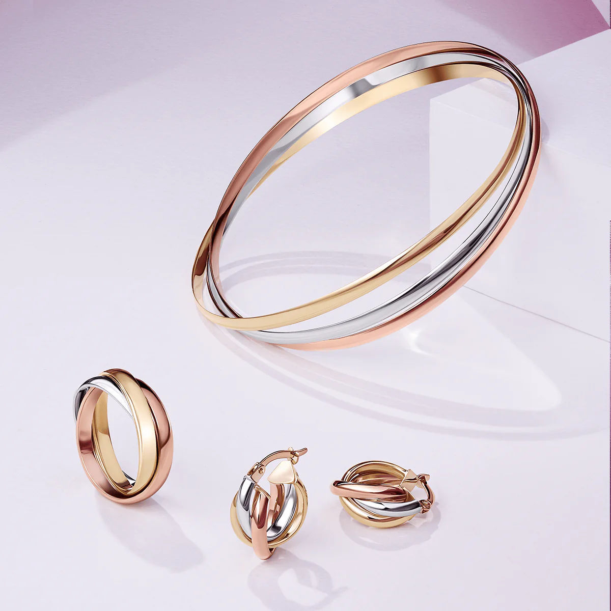 Three Tone Hoop Earrings in 9ct Yellow, White & Rose Gold - Image 3