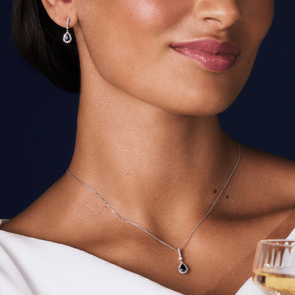 Bluebird™ Sapphire & 0.22ct Diamond Pear Halo Pendant with Chain in 9ct White Gold - Image 2