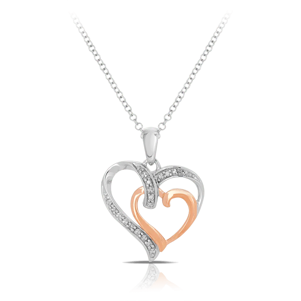 Diamond Double Hearts Pendant in 9ct White and Rose Gold