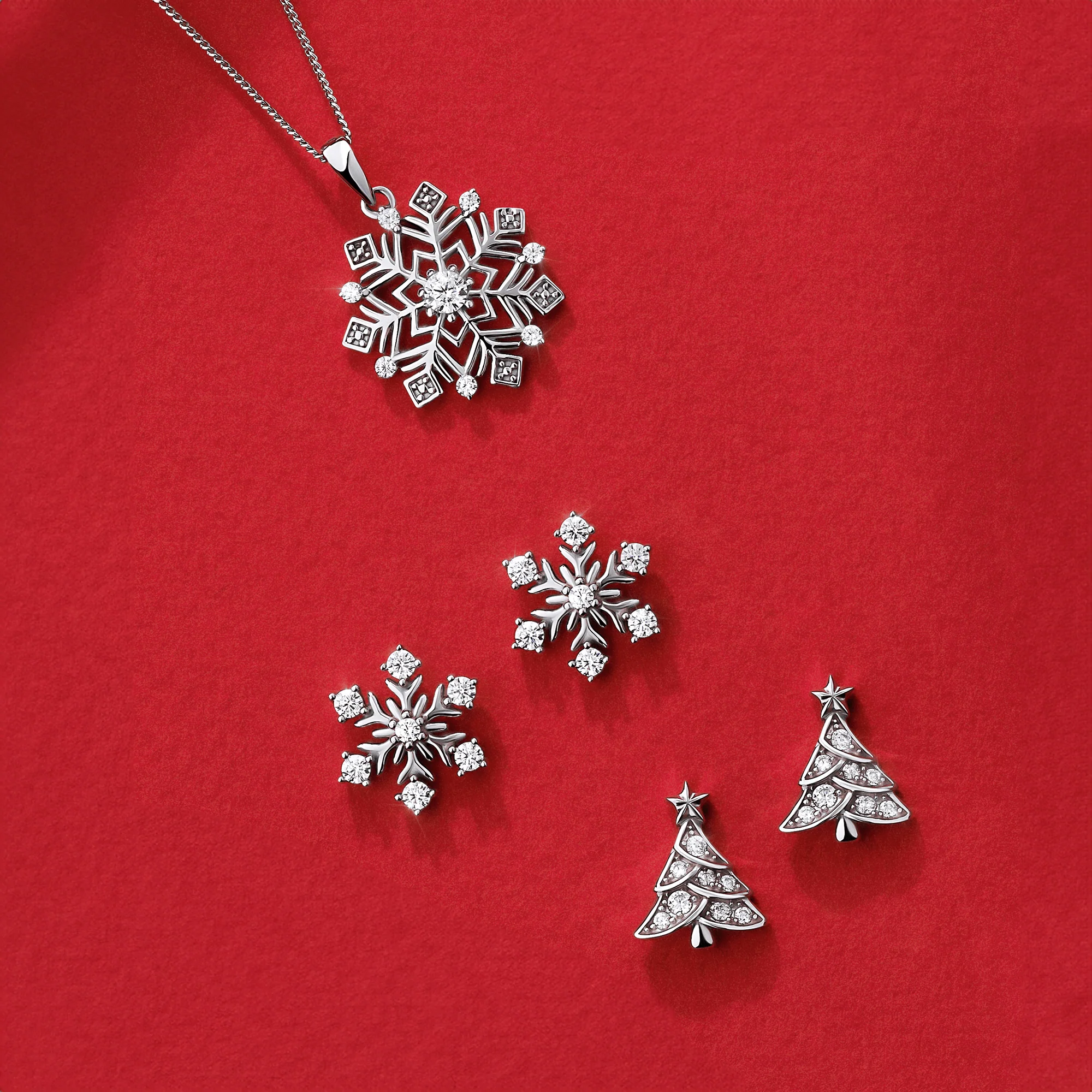 Cubic Zirconia Snowflake Stud Earrings in Sterling Silver - Image 2