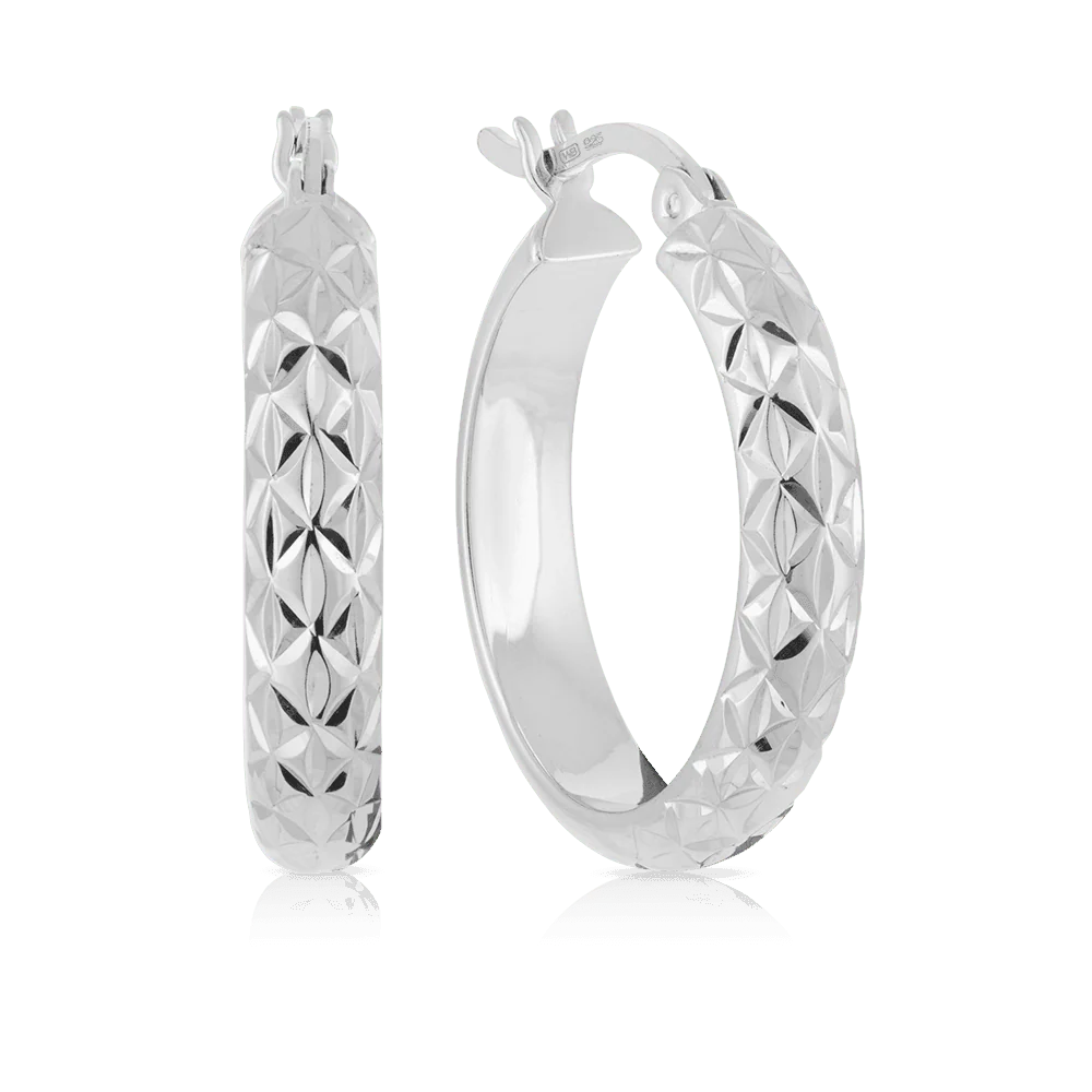 Diamond Cut Round Hoop Earrings in Sterling Silver