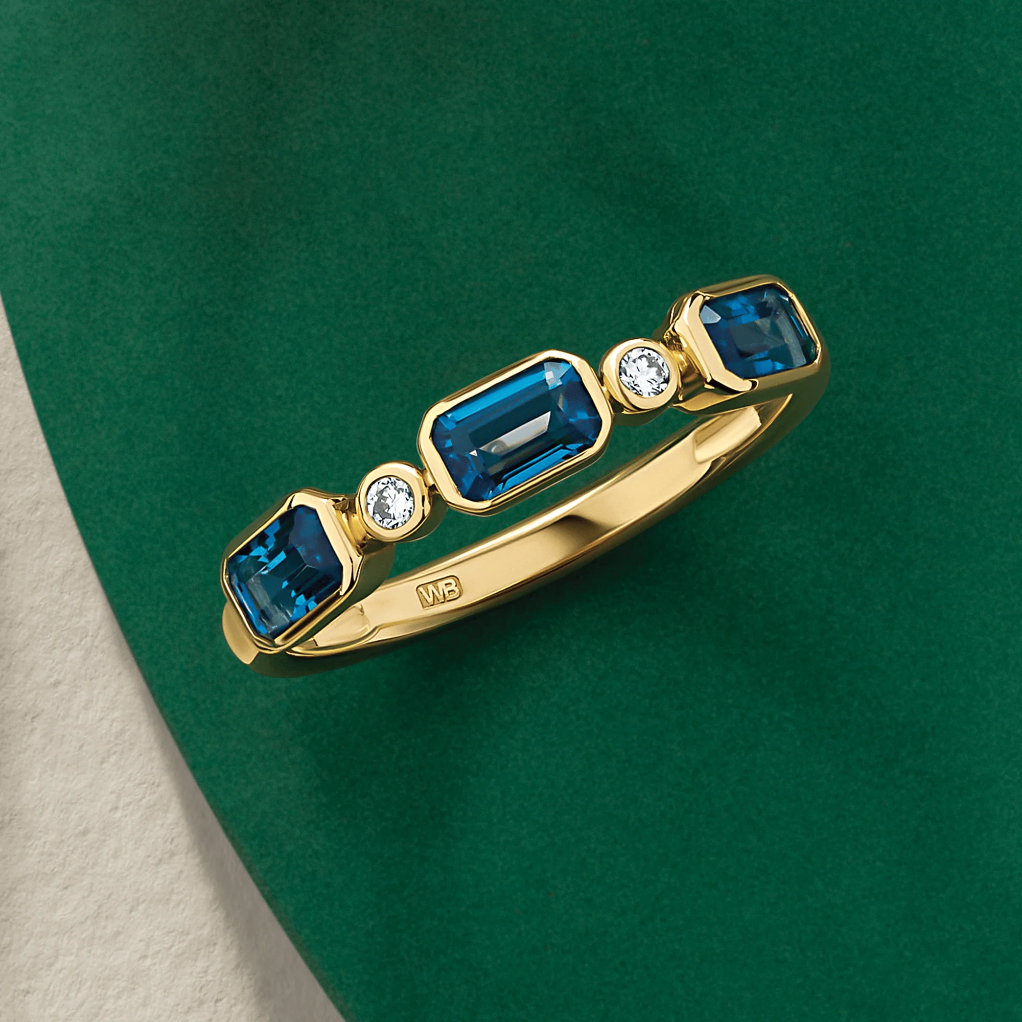London Blue Topaz & Diamond Bezel Set Alternating Ring in 9ct Yellow Gold - Image 4