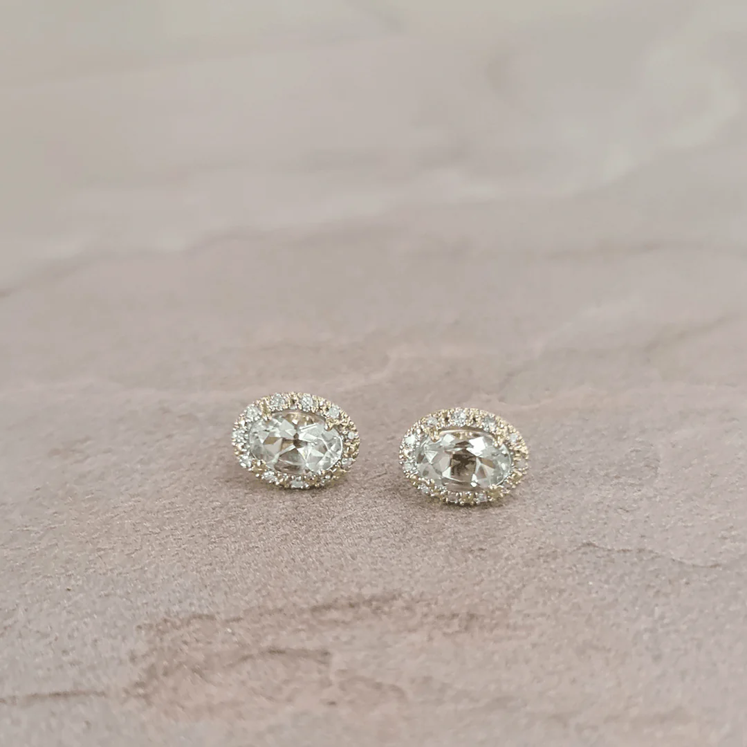 Green Amethyst & Diamond Halo Earrings in 9ct Yellow Gold - Image 3