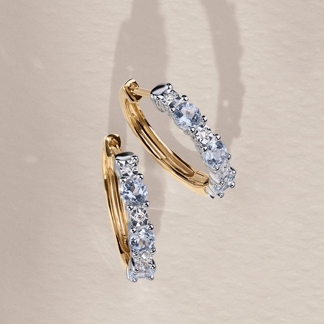 Aquamarine & Diamond Huggie Hoop Earrings in 9ct Yellow Gold - Image 2