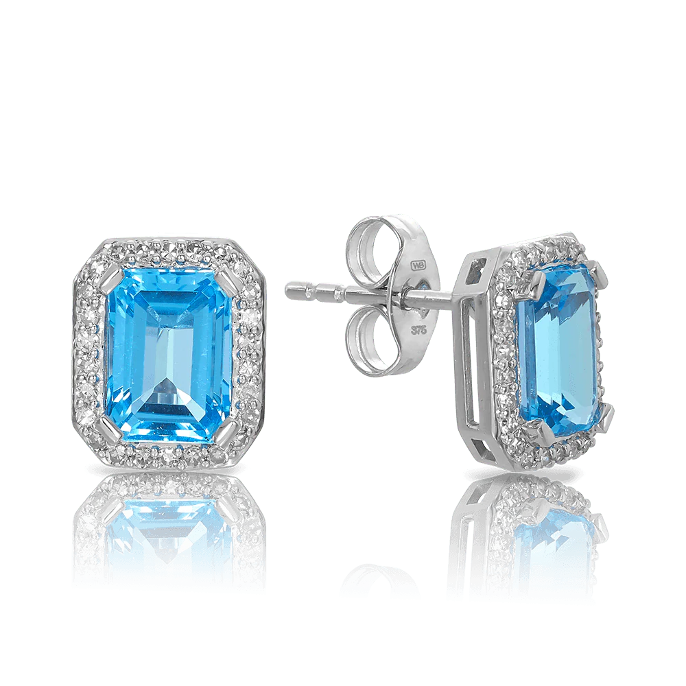 Blue Topaz & Diamond Halo Stud Earrings in 9ct White Gold