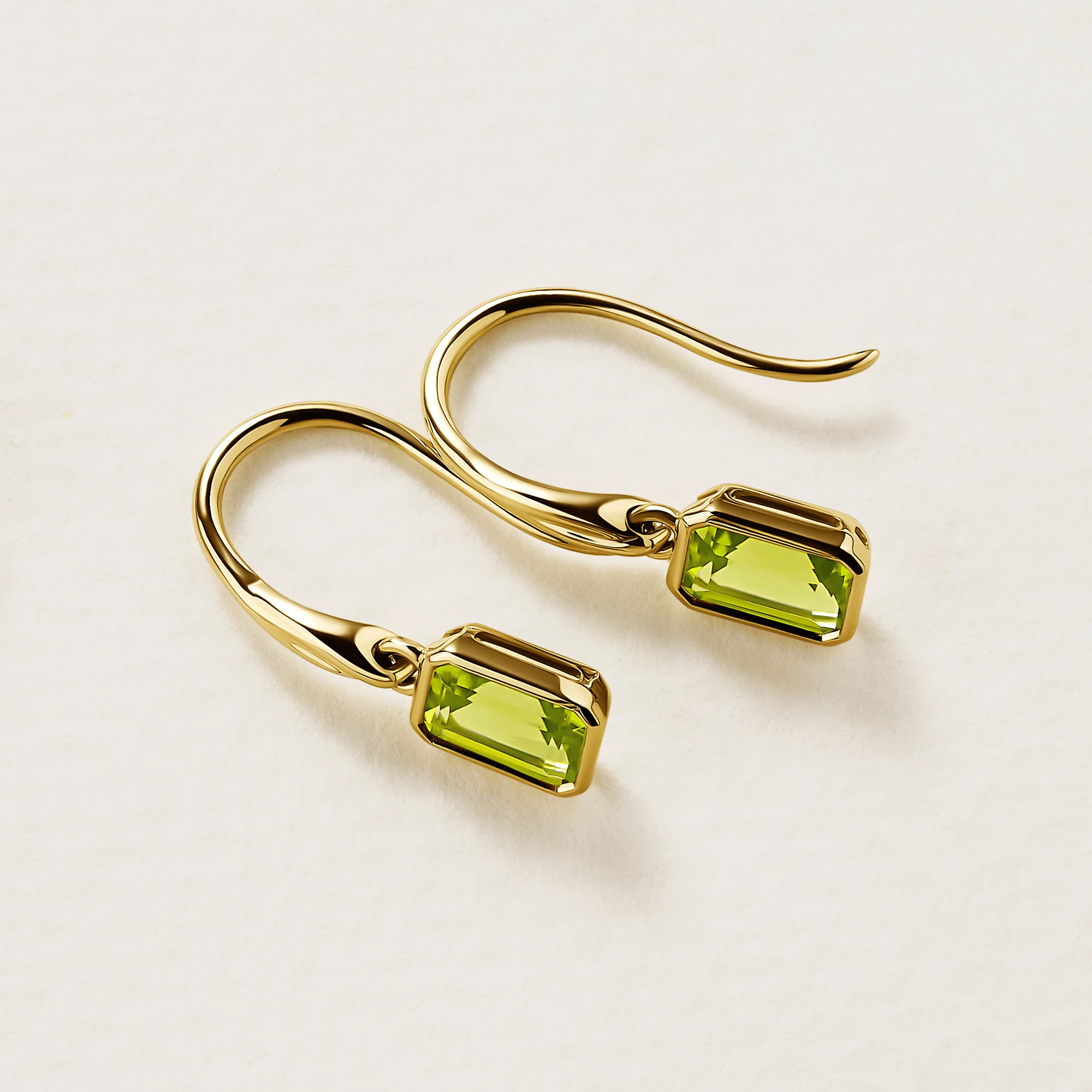 Emerald Cut Peridot Twist Bezel Set Drop Earrings in 9ct Yellow Gold - Image 2