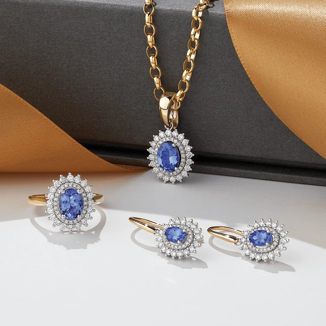 Tanzanite & Diamond Double Halo Pendant in 9ct Yellow and White Gold - Image 4